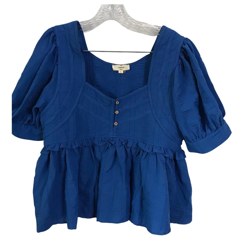 Entro Blouse Large Womens Baby Doll Style Short Sleeve Button Front Blue Ruffle